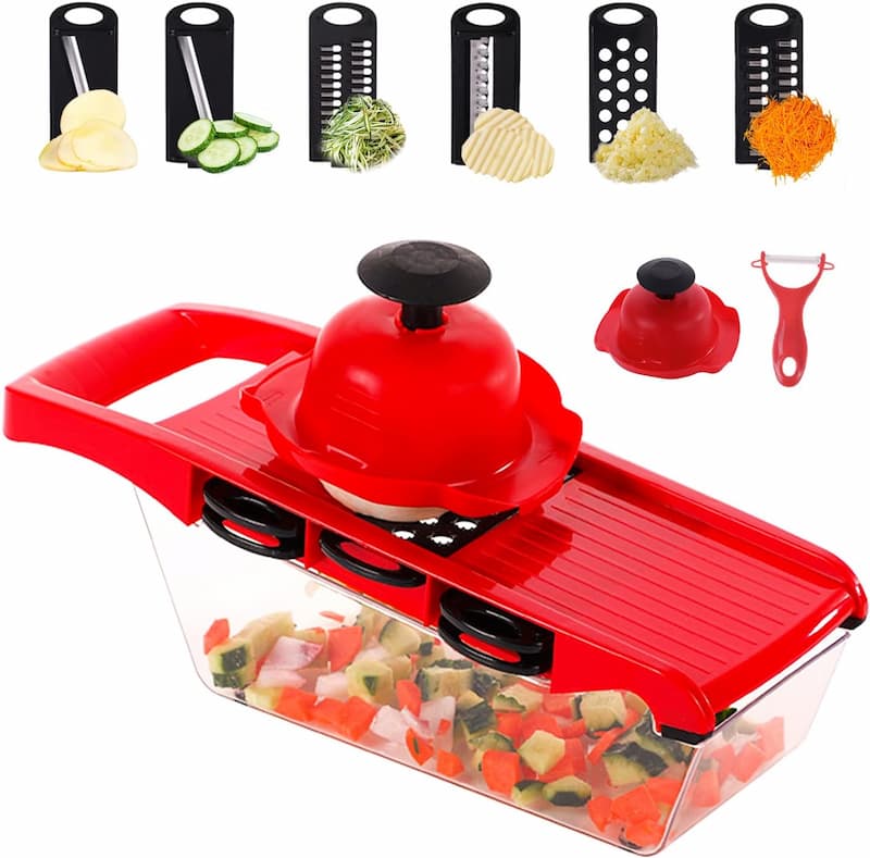 10 in 1 Mandoline Slicer Vegetable Cutter with Stainless Steel Blade Manual Potato Peeler Carrot Cheese Grater Dicer Kitchen Tool-Pink with box